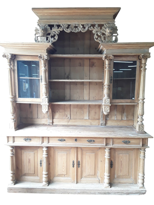 Antique Continental Carved Pine Dresser | Large Stripped Part-Glazed Display Cabinet