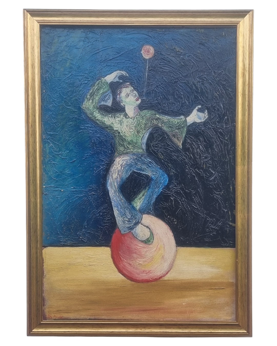Framed oil painting of a unicyclist performer signed Peter Arnold, with bold brushstrokes and vibrant blue background.