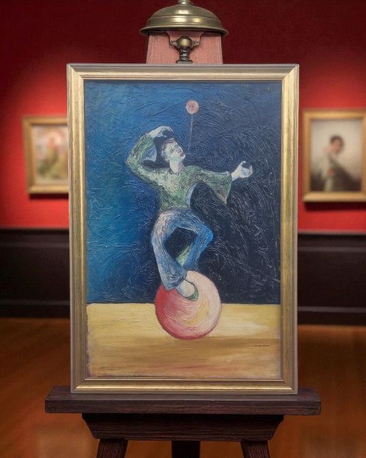 Framed oil painting of a unicyclist performer signed Peter Arnold, with bold brushstrokes and vibrant blue background.