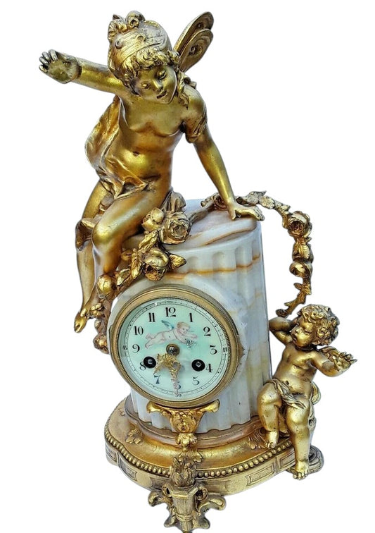 Antique French Onyx & Gilt Bronze Mantel Clock with Cherubs | 19th Century, c.1860–80