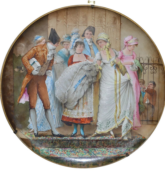 Antique French Creil et Montereau Plaque | Large Hand-Painted Christening Scene, c.1880
