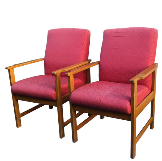 Pair of vintage Mid-Century Danish style lounge armchairs with beech wood frames and red retro fabric upholstery, circa 1960s–70s.