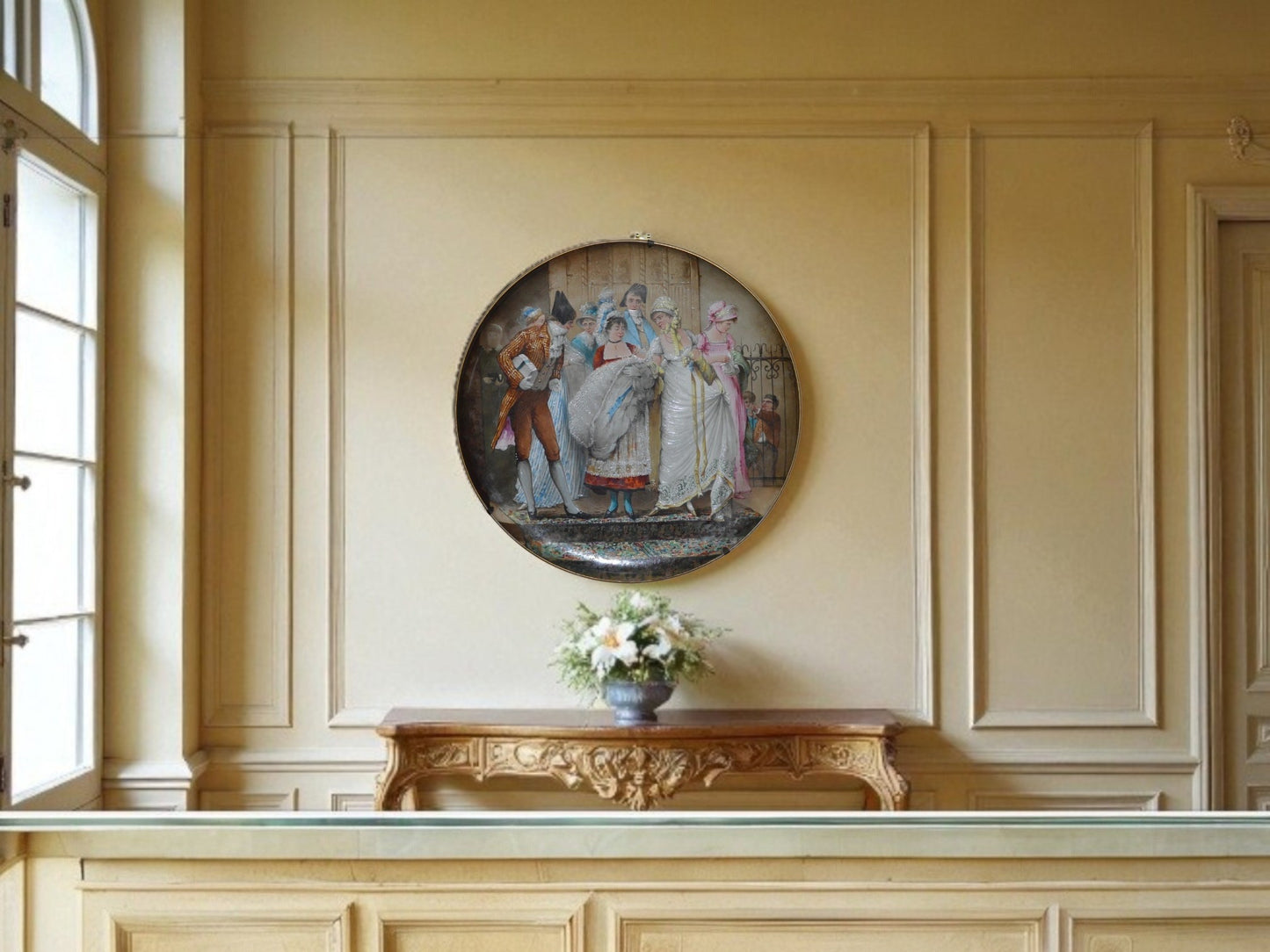 Antique French Creil et Montereau Plaque | Large Hand-Painted Christening Scene, c.1880