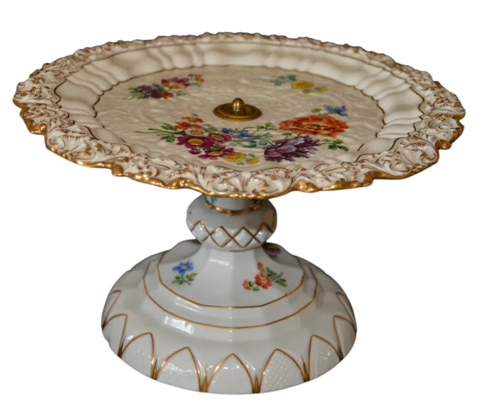Antique Meissen Porcelain Cake Stand | Hand-Painted Floral Centerpiece, 1830