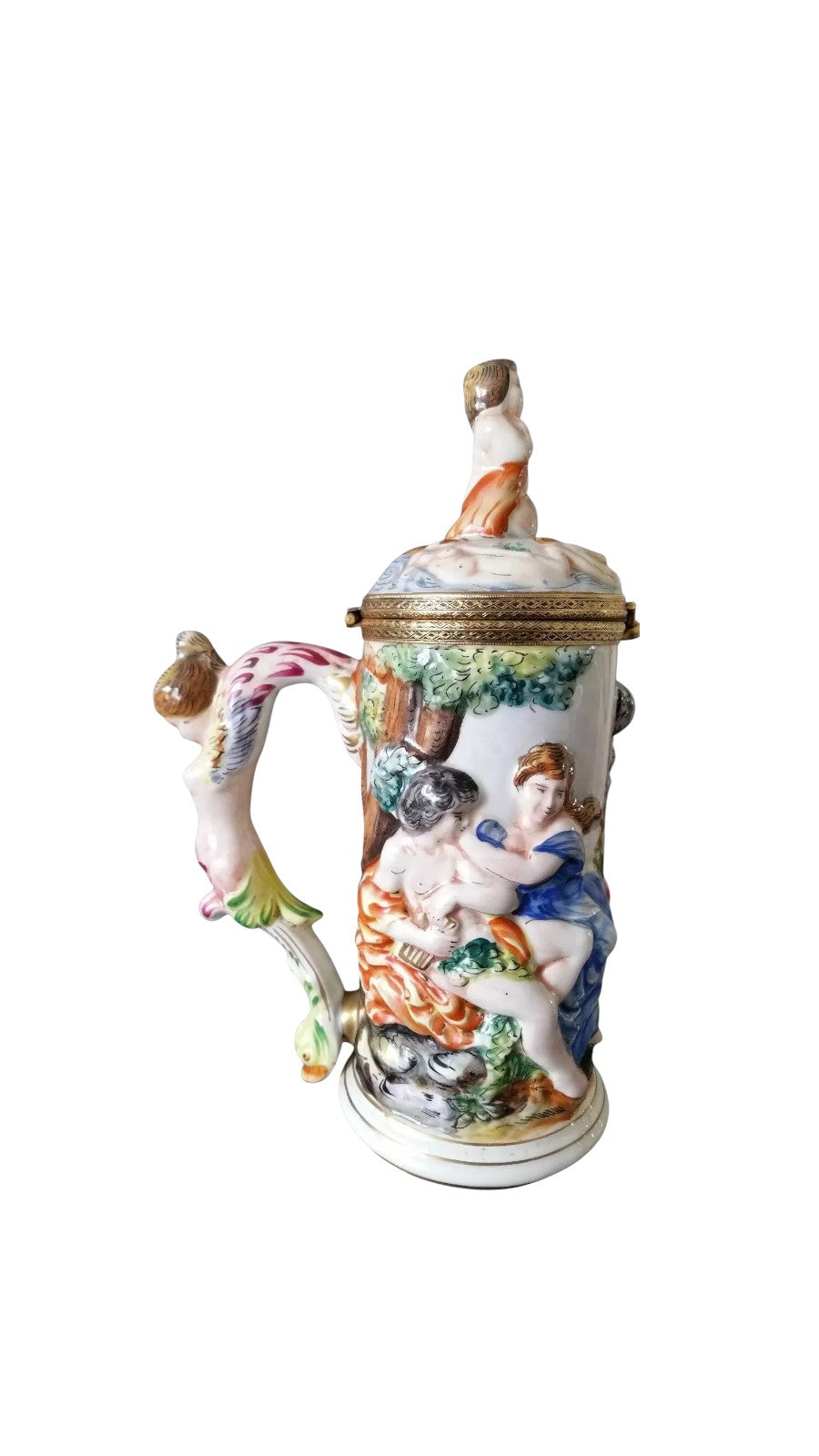 Vintage Capodimonte Hand-Painted Jug with Cupid Finial – Italian Majolica Porcelain