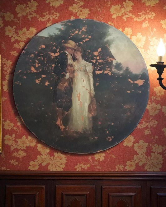 Antique Watcombe Torquay terracotta plaque, 19th century, hand-painted with a romantic couple, signed Heaven’s Gate by Gertrude House.