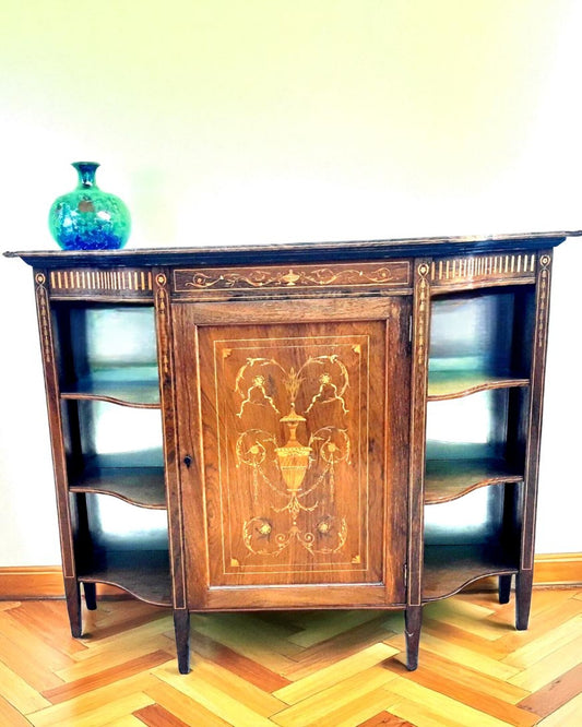 Edwardian rosewood credenza with neoclassical inlay and open shelves