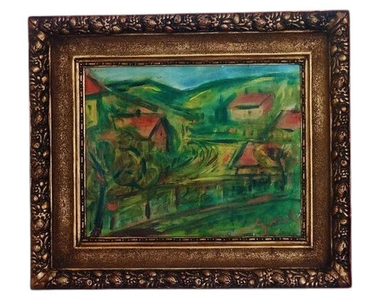 Oil painting on board by Hungarian modernist painter Béla Adalbert Czóbel, depicting a colorful landscape of Szentendre with houses and green hills.