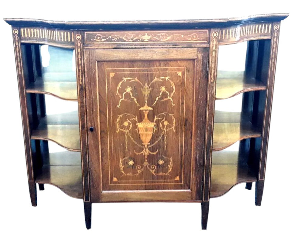 Antique rosewood credenza with central cupboard and open side shelves