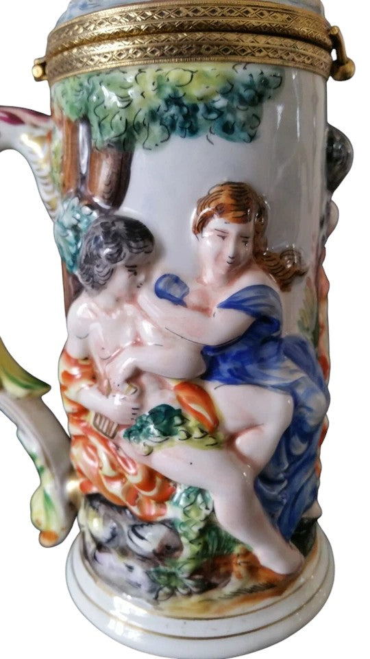 Vintage Capodimonte Hand-Painted Jug with Cupid Finial – Italian Majolica Porcelain