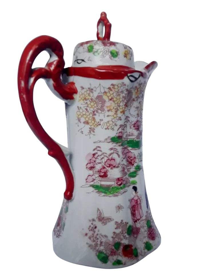 Antique Japanese Kutani Porcelain Chocolate Pot, Hand-Painted, Circa 1900