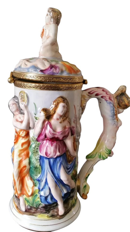 Vintage Capodimonte Hand-Painted Jug with Cupid Finial – Italian Majolica Porcelain