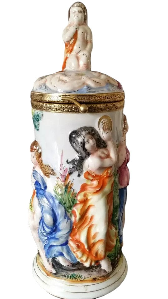 Vintage Capodimonte Hand-Painted Jug with Cupid Finial – Italian Majolica Porcelain