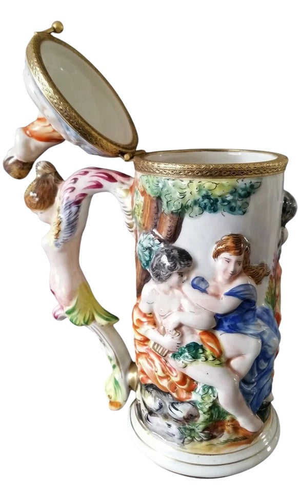 Vintage Capodimonte Hand-Painted Jug with Cupid Finial – Italian Majolica Porcelain