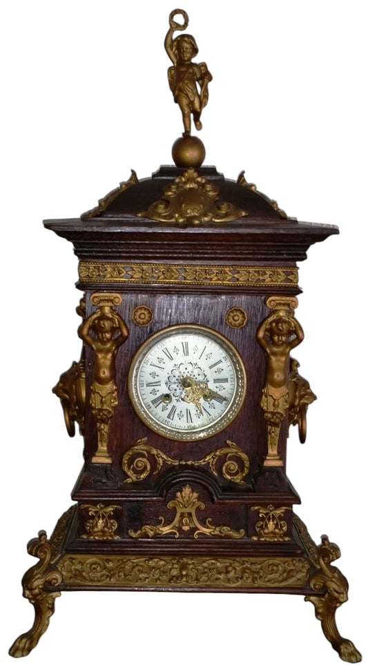 Antique Oak Mantel Clock with Brass Dial & Figurines | Pre-1900