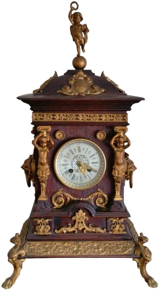 Antique Oak Mantel Clock with Brass Dial & Figurines | Pre-1900