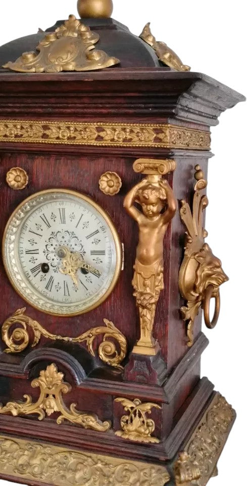 Antique Oak Mantel Clock with Brass Dial & Figurines | Pre-1900