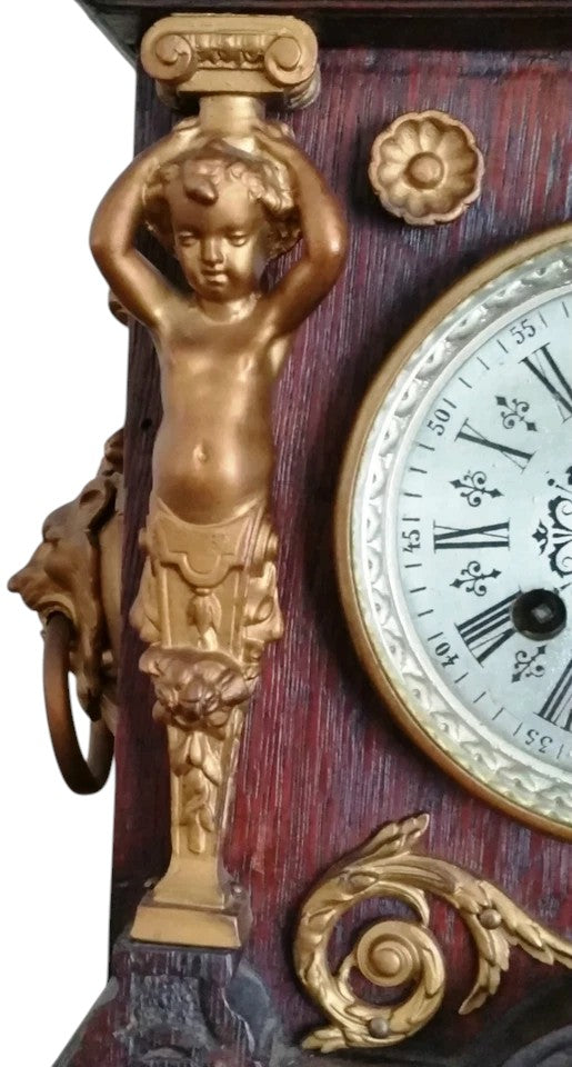 Antique Oak Mantel Clock with Brass Dial & Figurines | Pre-1900