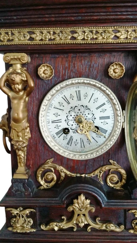 Antique Oak Mantel Clock with Brass Dial & Figurines | Pre-1900