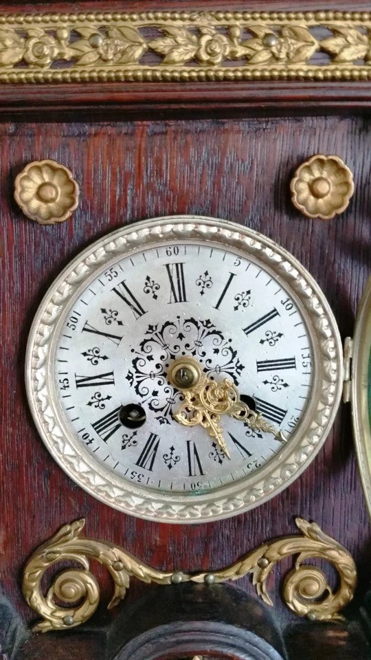 Antique Oak Mantel Clock with Brass Dial & Figurines | Pre-1900