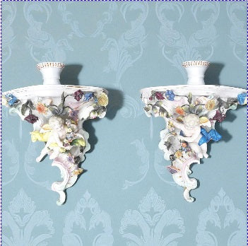 Pair of Dresden Porcelain Wall Brackets with Cherubs & Floral Decoration – AR Mark
