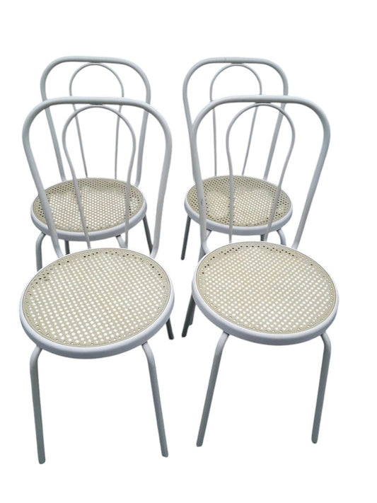 Set of 4 White Thonet Style Chairs | Metal Frame with Bamboo Seats