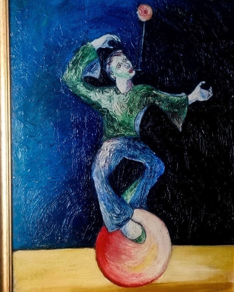 Framed oil painting of a unicyclist performer signed Peter Arnold, with bold brushstrokes and vibrant blue background.