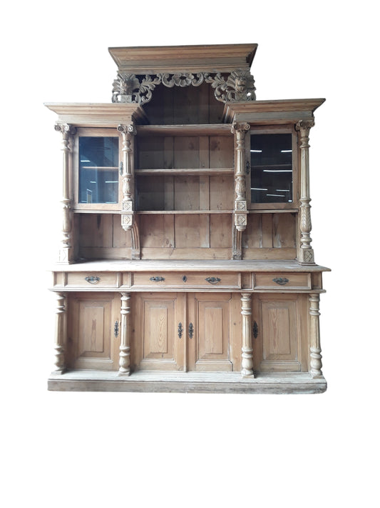 Antique Continental Carved Pine Dresser | Large Stripped Part-Glazed Display Cabinet
