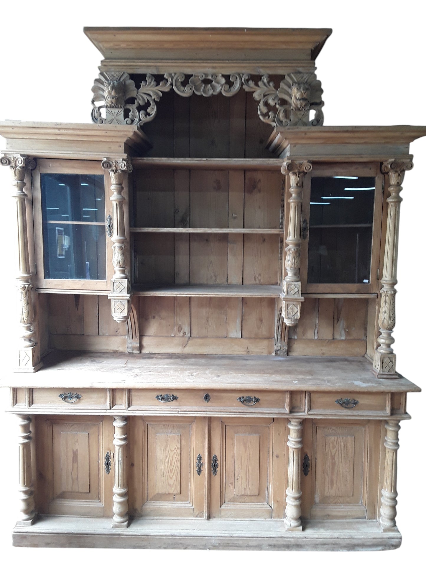 Antique Continental Carved Pine Dresser | Large Stripped Part-Glazed Display Cabinet