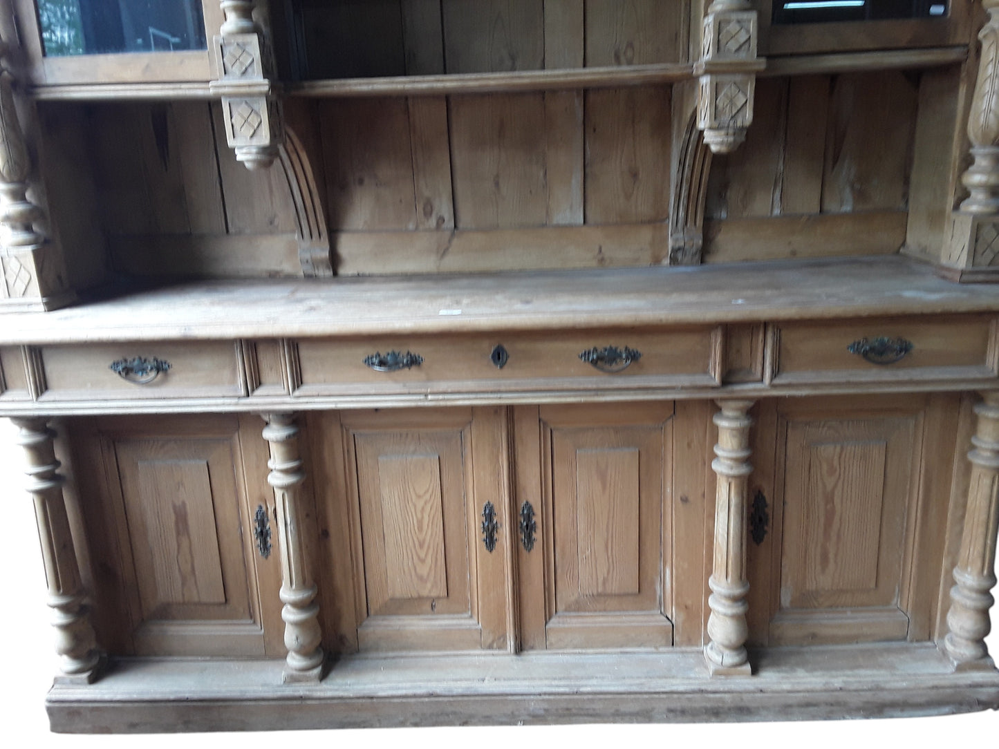 Antique Continental Carved Pine Dresser | Large Stripped Part-Glazed Display Cabinet