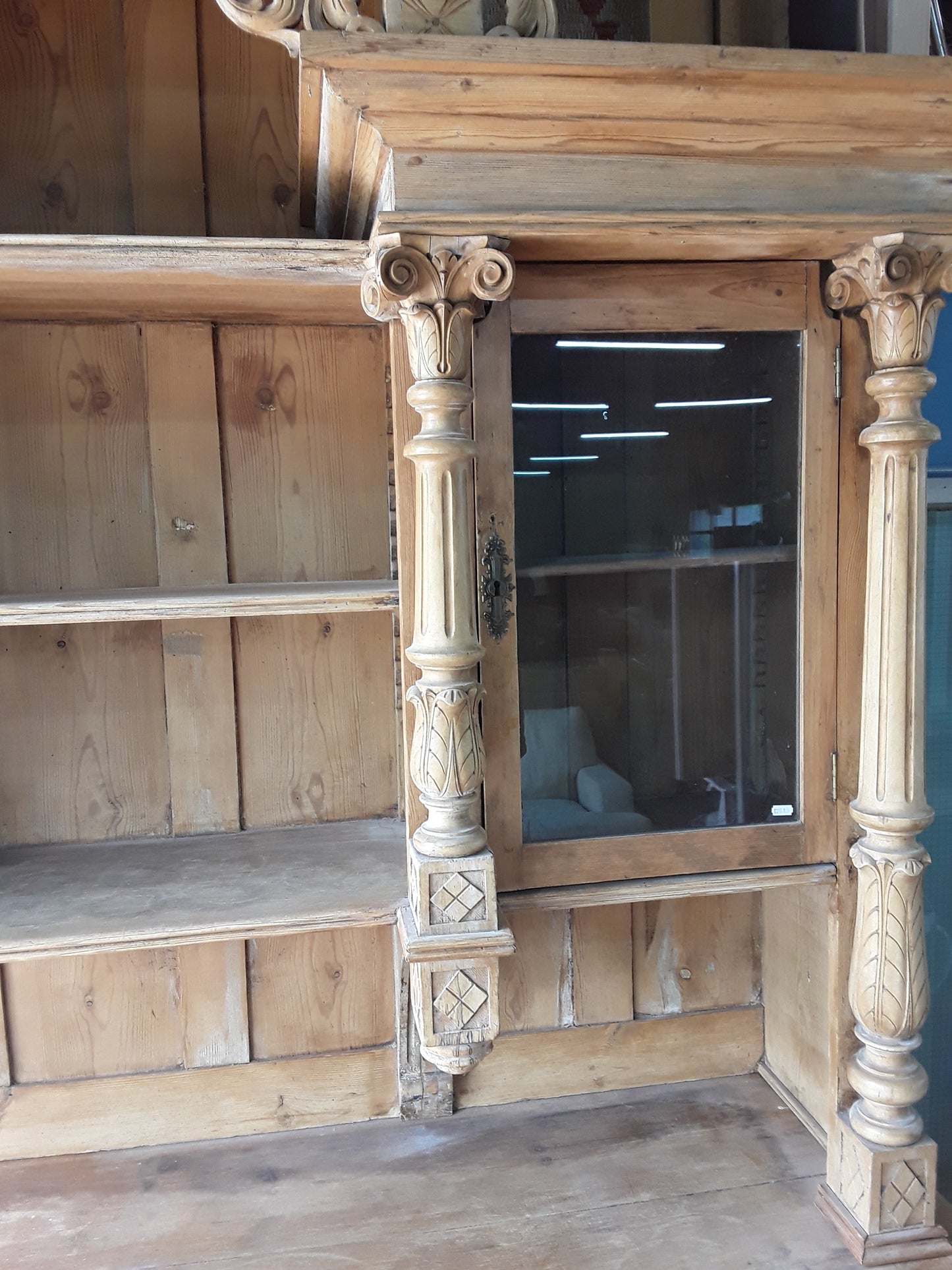 Antique Continental Carved Pine Dresser | Large Stripped Part-Glazed Display Cabinet