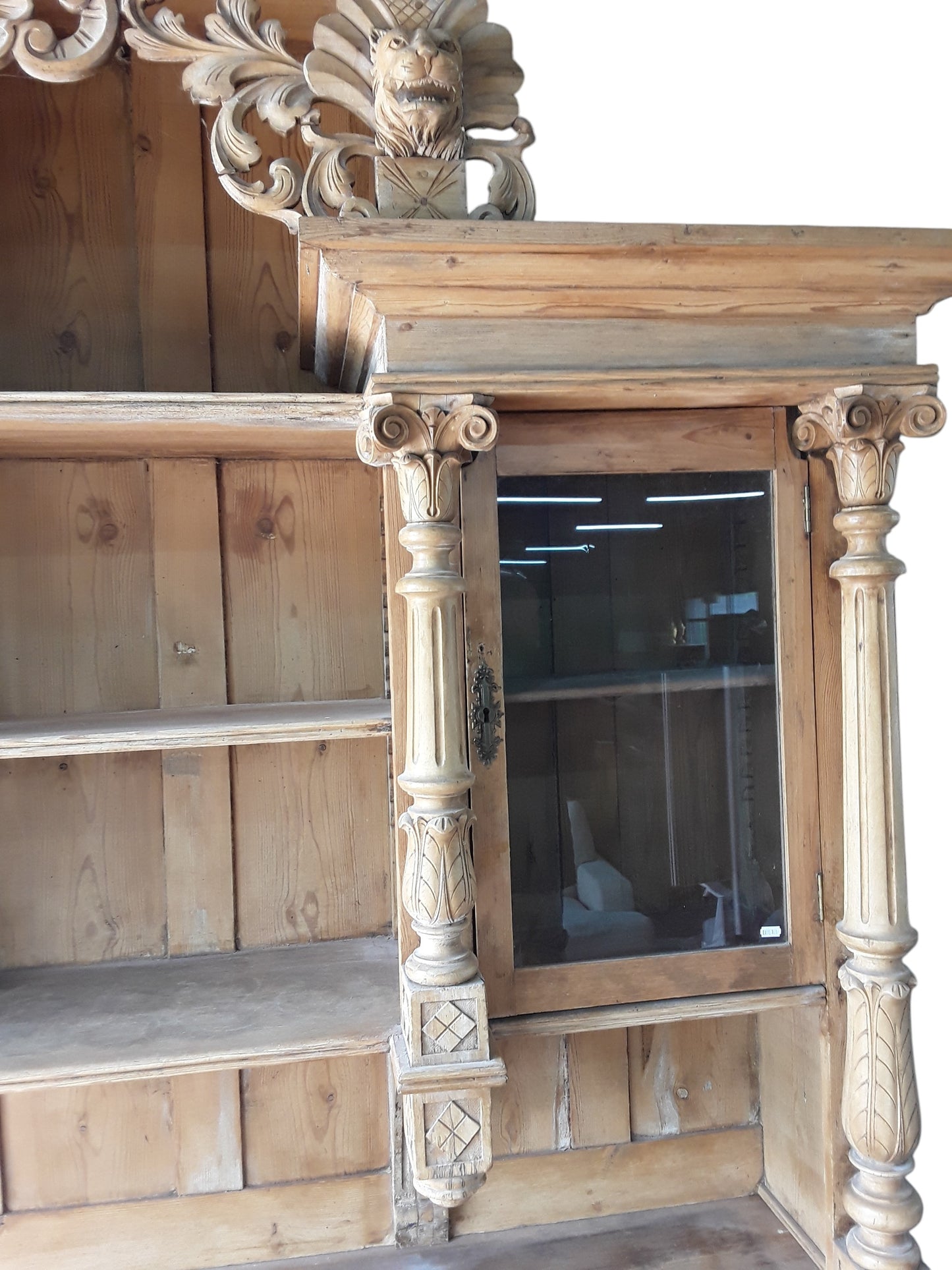 Antique Continental Carved Pine Dresser | Large Stripped Part-Glazed Display Cabinet