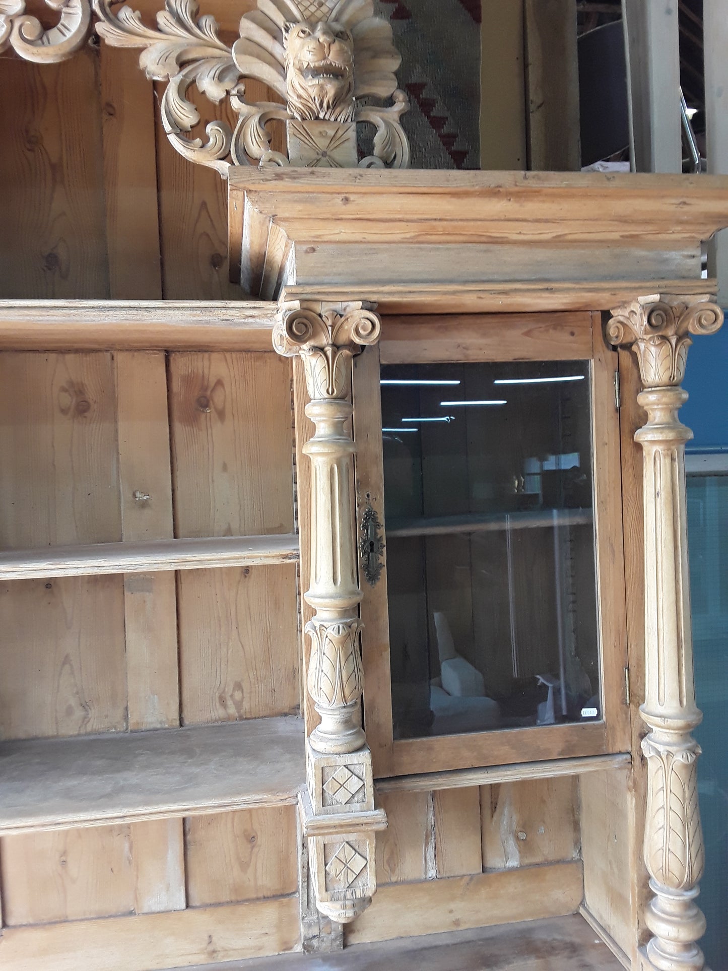 Antique Continental Carved Pine Dresser | Large Stripped Part-Glazed Display Cabinet
