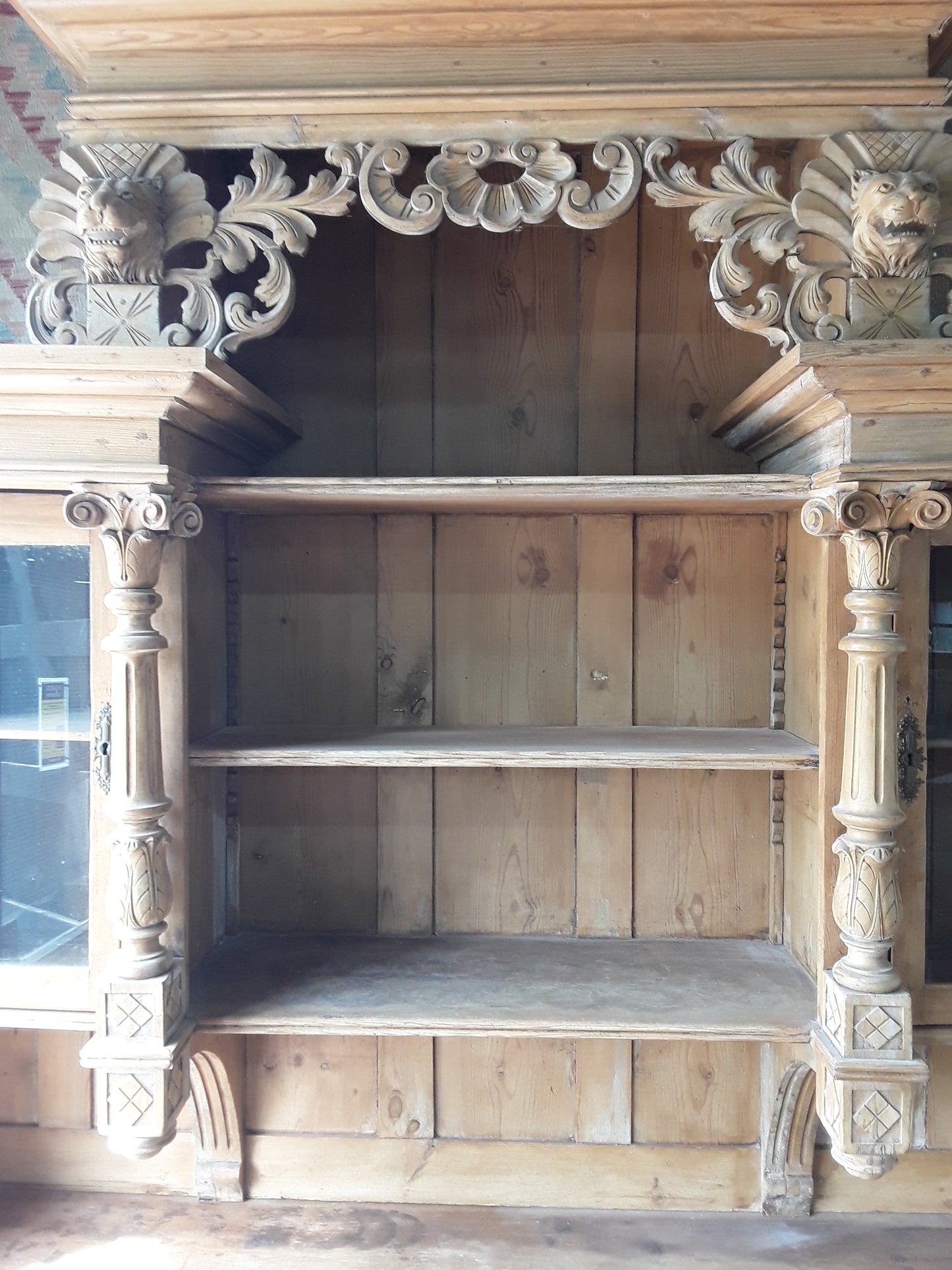 Antique Continental Carved Pine Dresser | Large Stripped Part-Glazed Display Cabinet