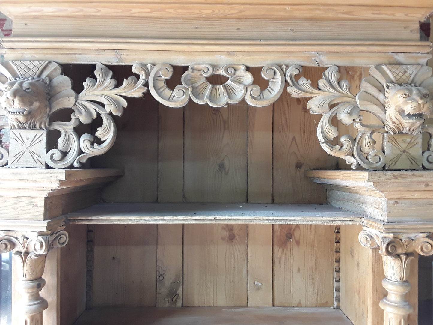 Antique Continental Carved Pine Dresser | Large Stripped Part-Glazed Display Cabinet