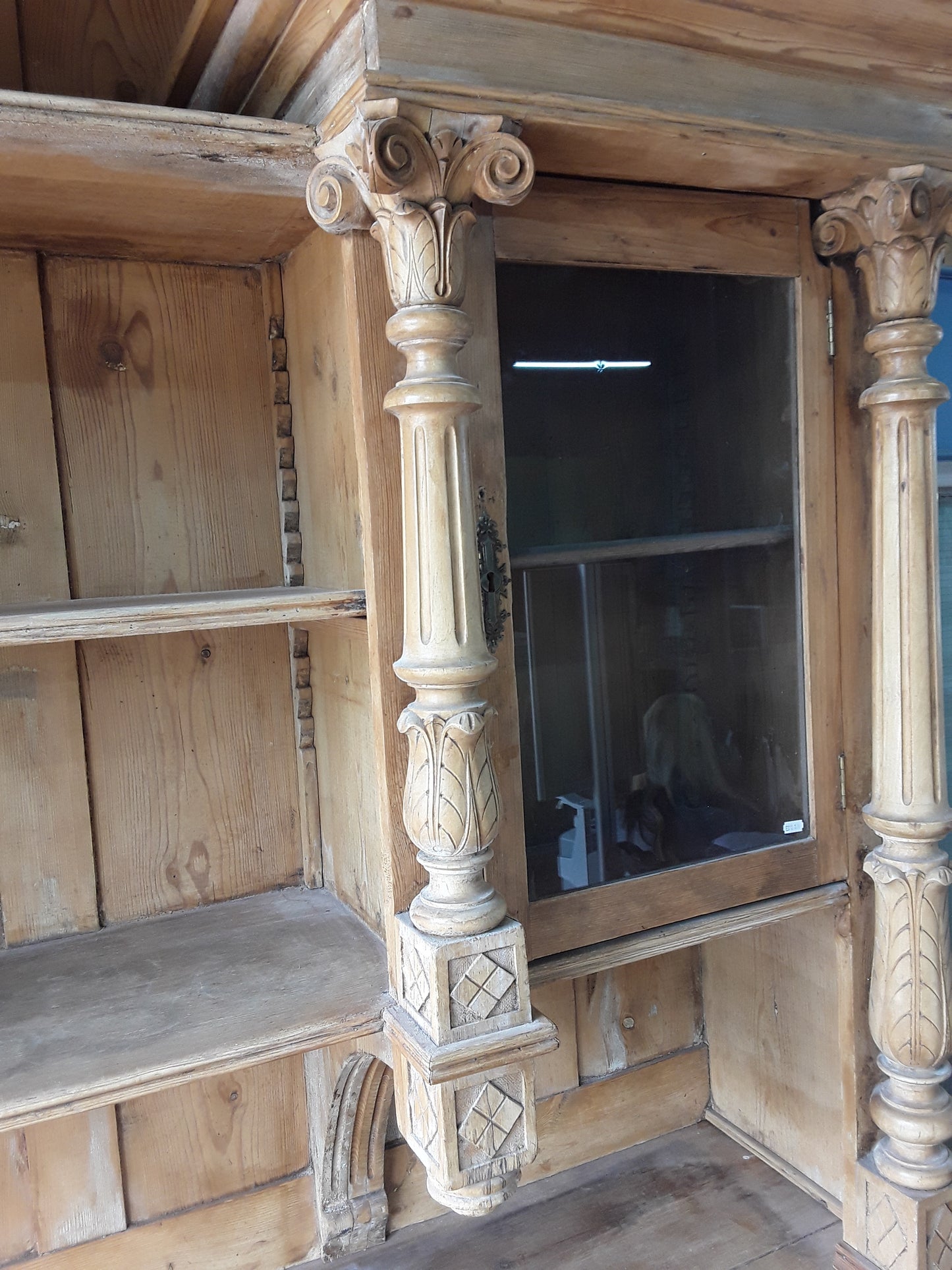 Antique Continental Carved Pine Dresser | Large Stripped Part-Glazed Display Cabinet