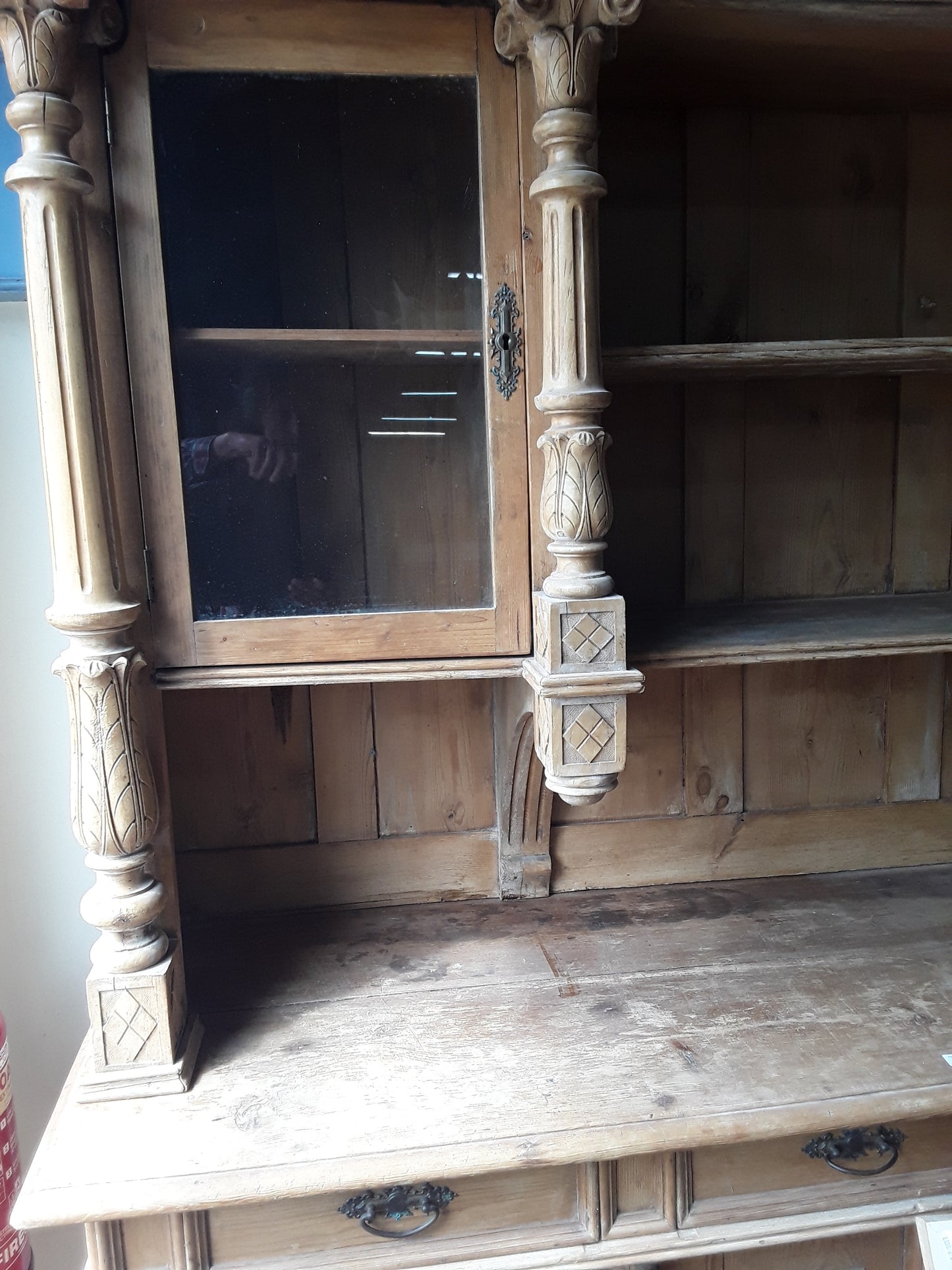 Antique Continental Carved Pine Dresser | Large Stripped Part-Glazed Display Cabinet