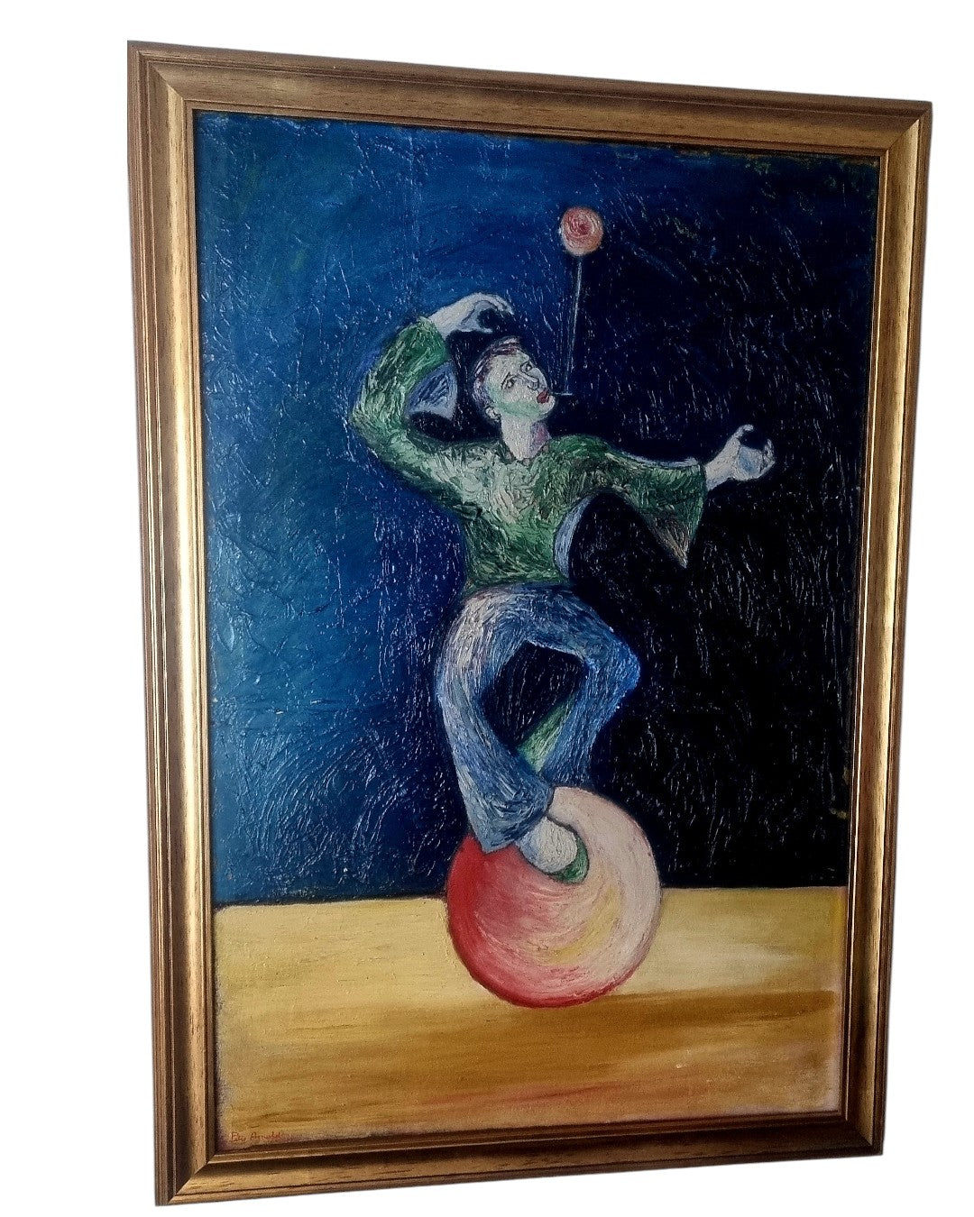 Painting of a figure on a unicycle against a blue background, framed in gold.