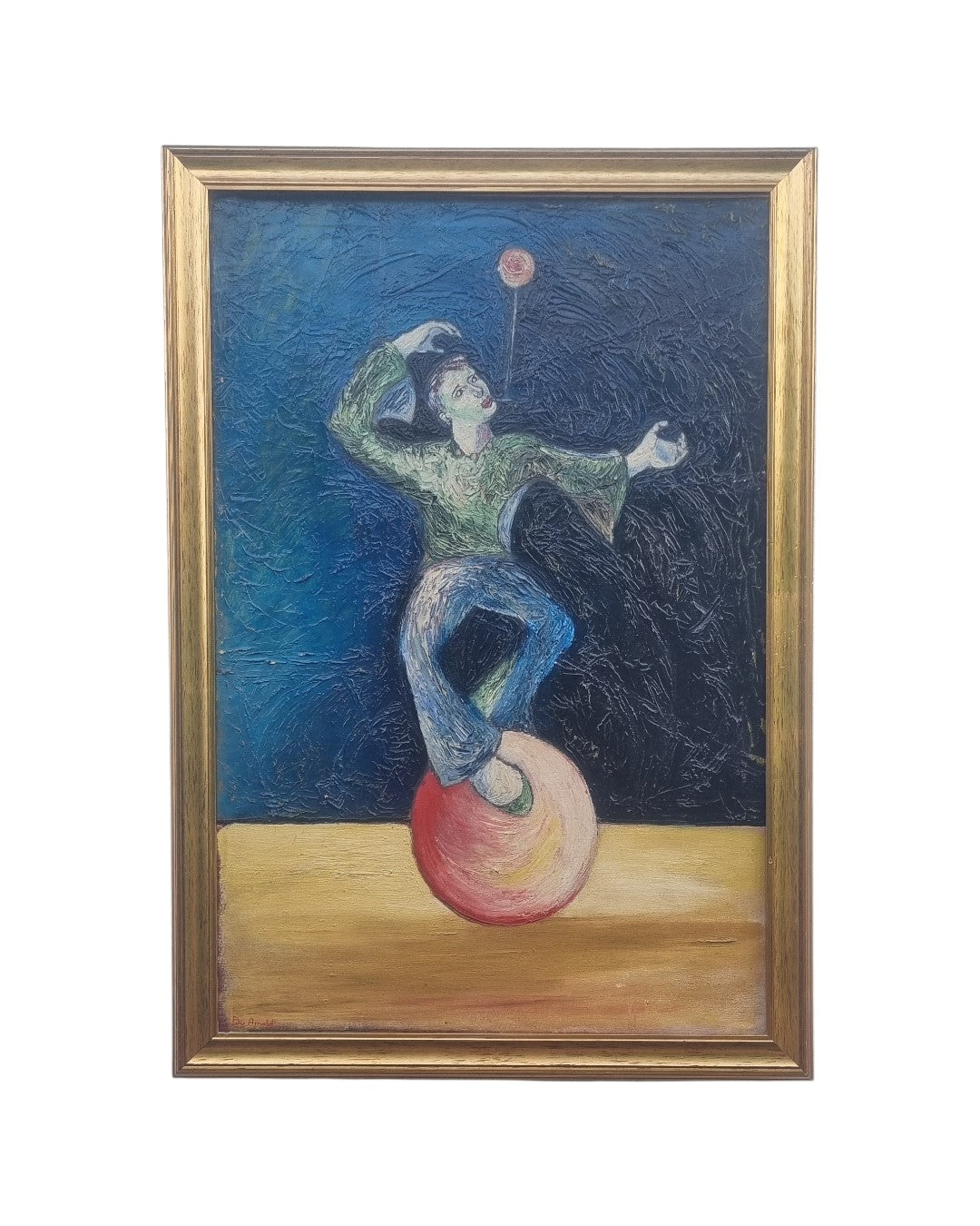 Framed oil painting of a unicyclist performer signed Peter Arnold, with bold brushstrokes and vibrant blue background.