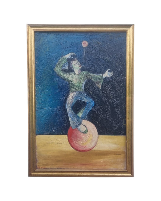Framed oil painting of a unicyclist performer signed Peter Arnold, with bold brushstrokes and vibrant blue background.