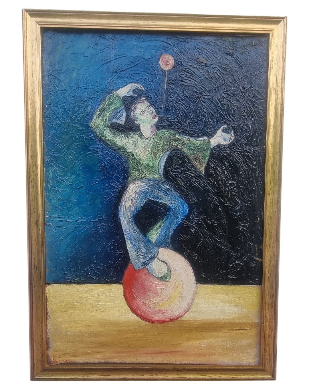 Painting of a circus performer on a unicycle with a blue background