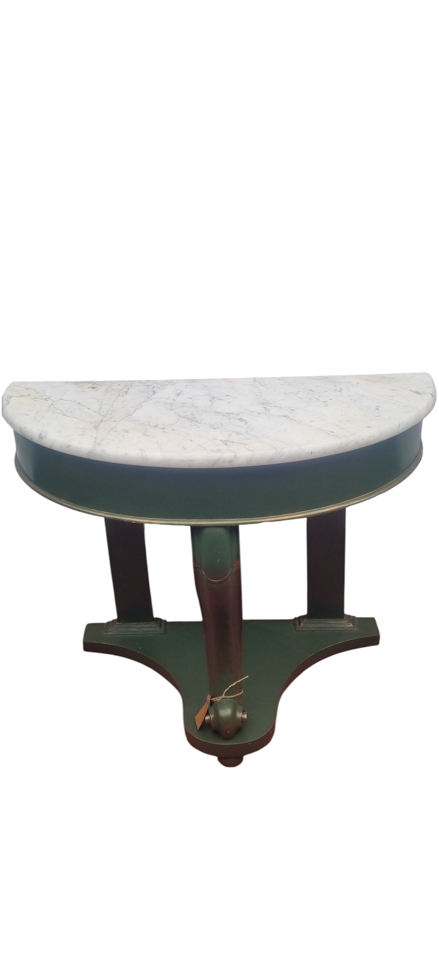 Victorian mahogany demi-lune console table with white and grey veined marble top