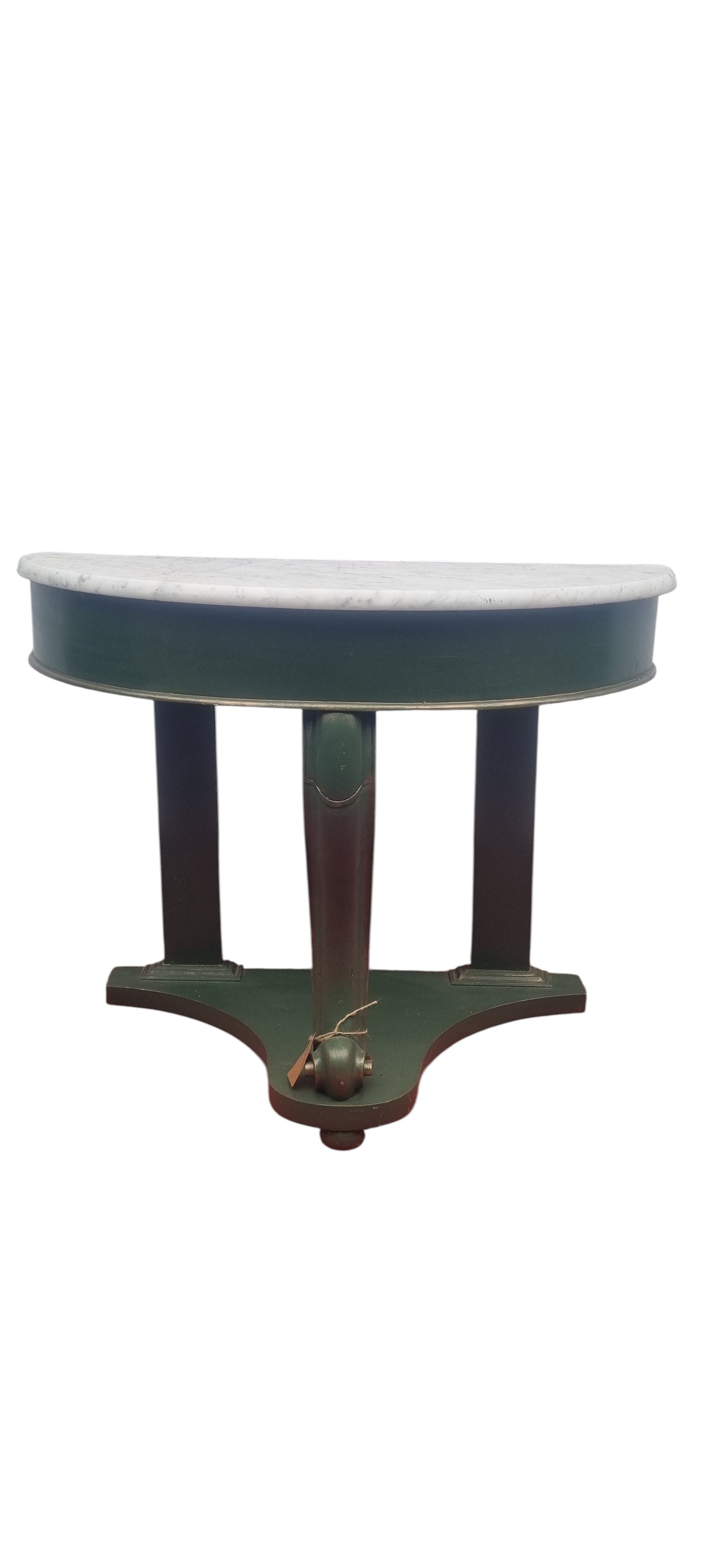 Elegant Victorian demi-lune console table showing curved mahogany base and marble top
