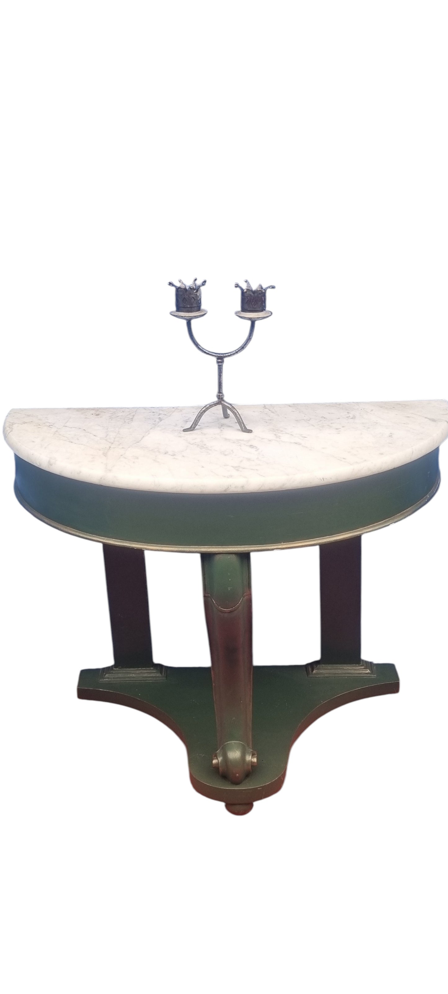 Victorian mahogany demi-lune console table with white and grey veined marble top