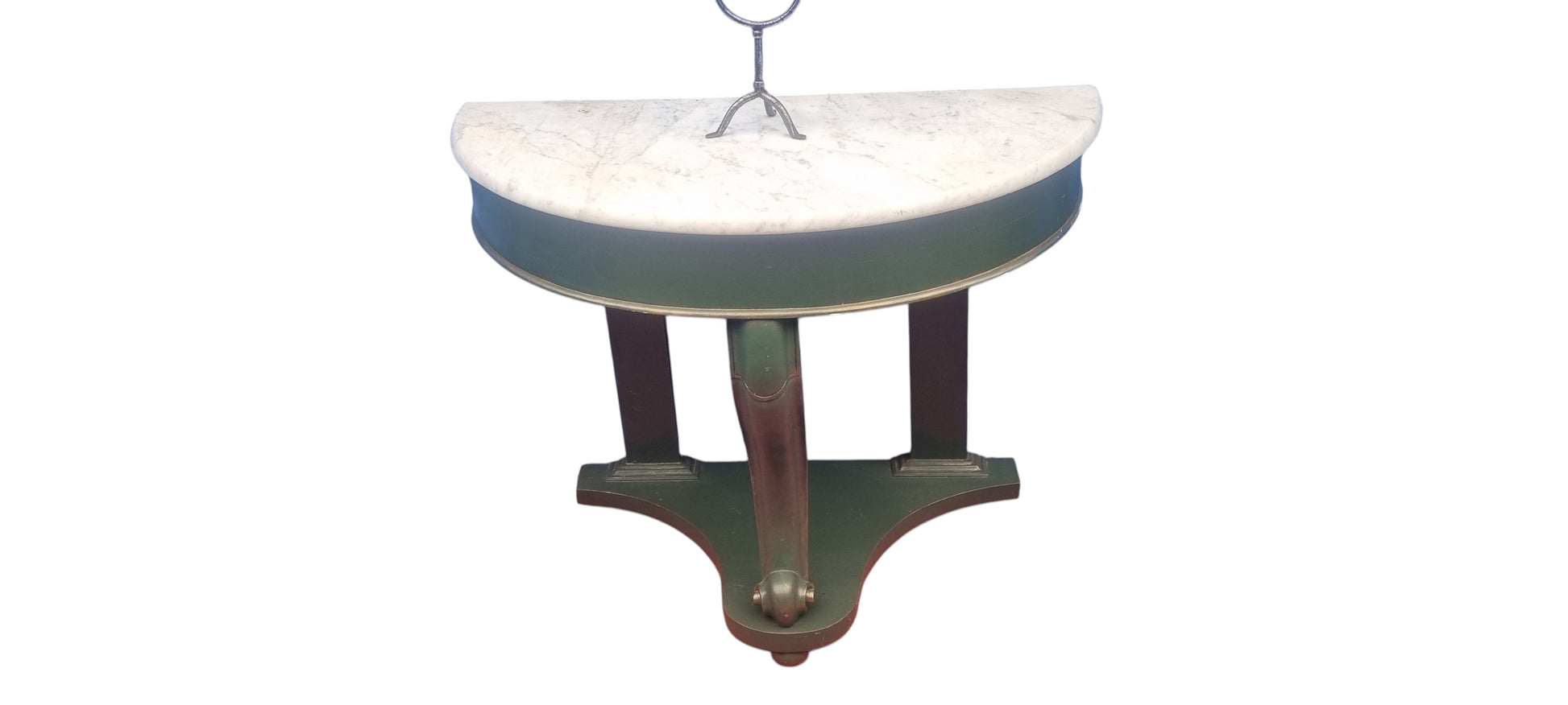 Victorian mahogany demi-lune console table with white and grey veined marble top