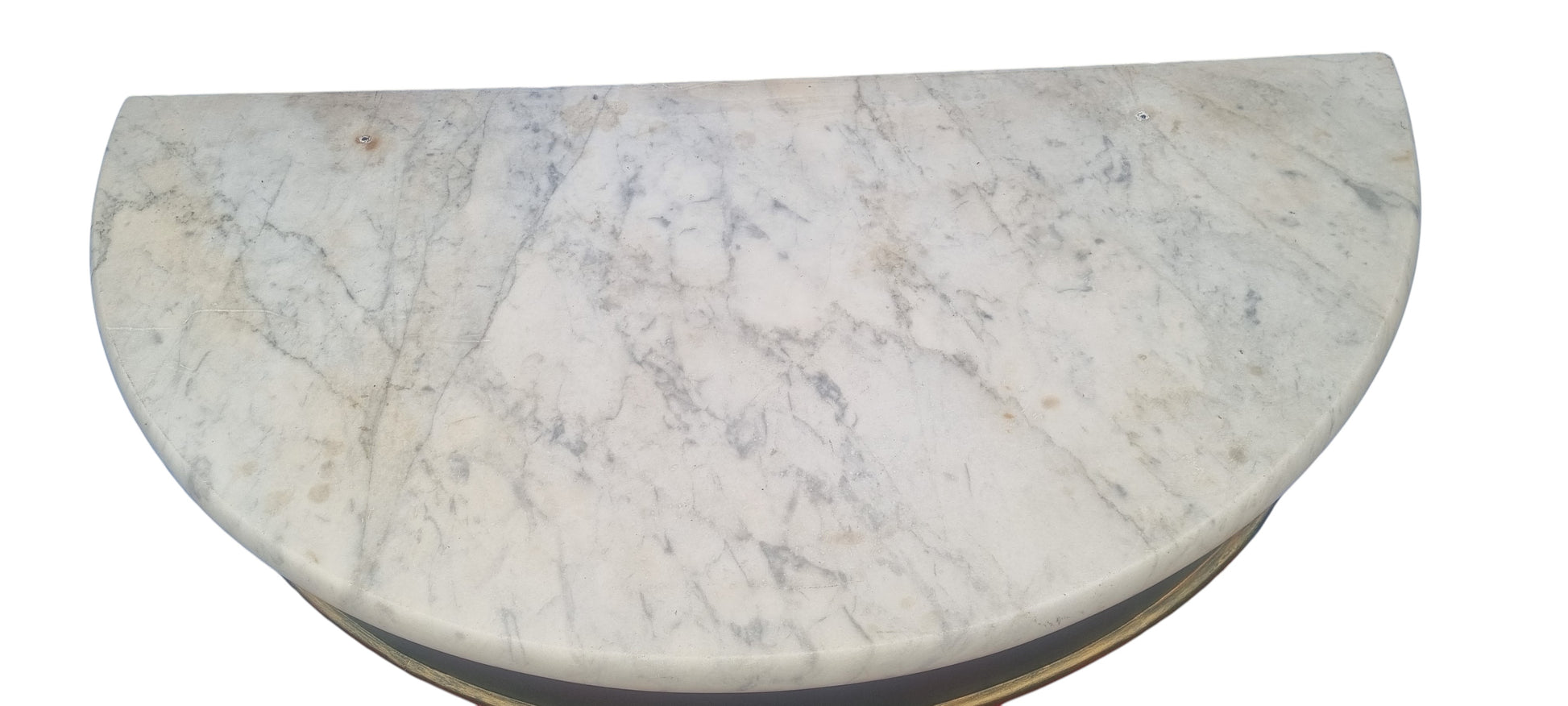 Close-up of white and grey veined marble top on Victorian demi-lune console table
