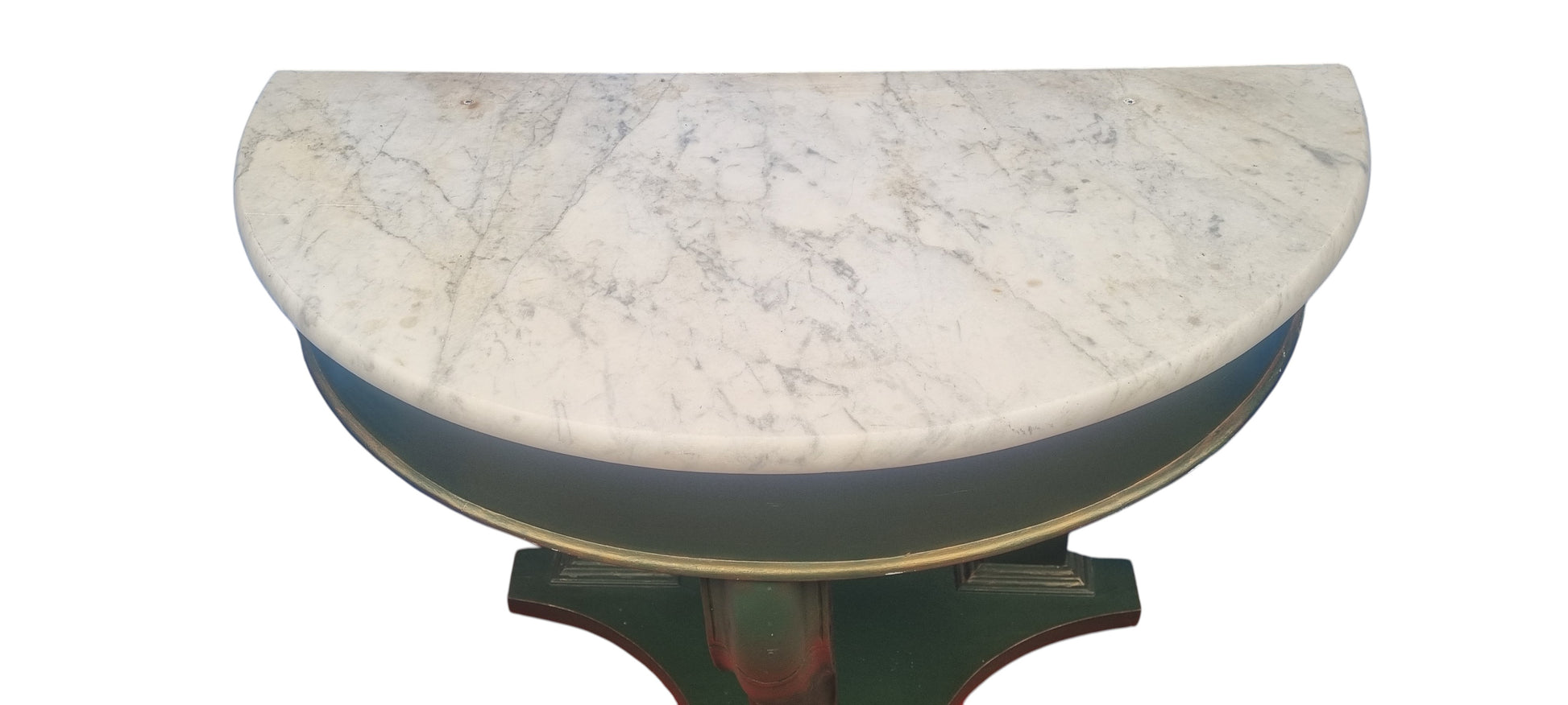 Close-up of white and grey veined marble top on Victorian demi-lune console table