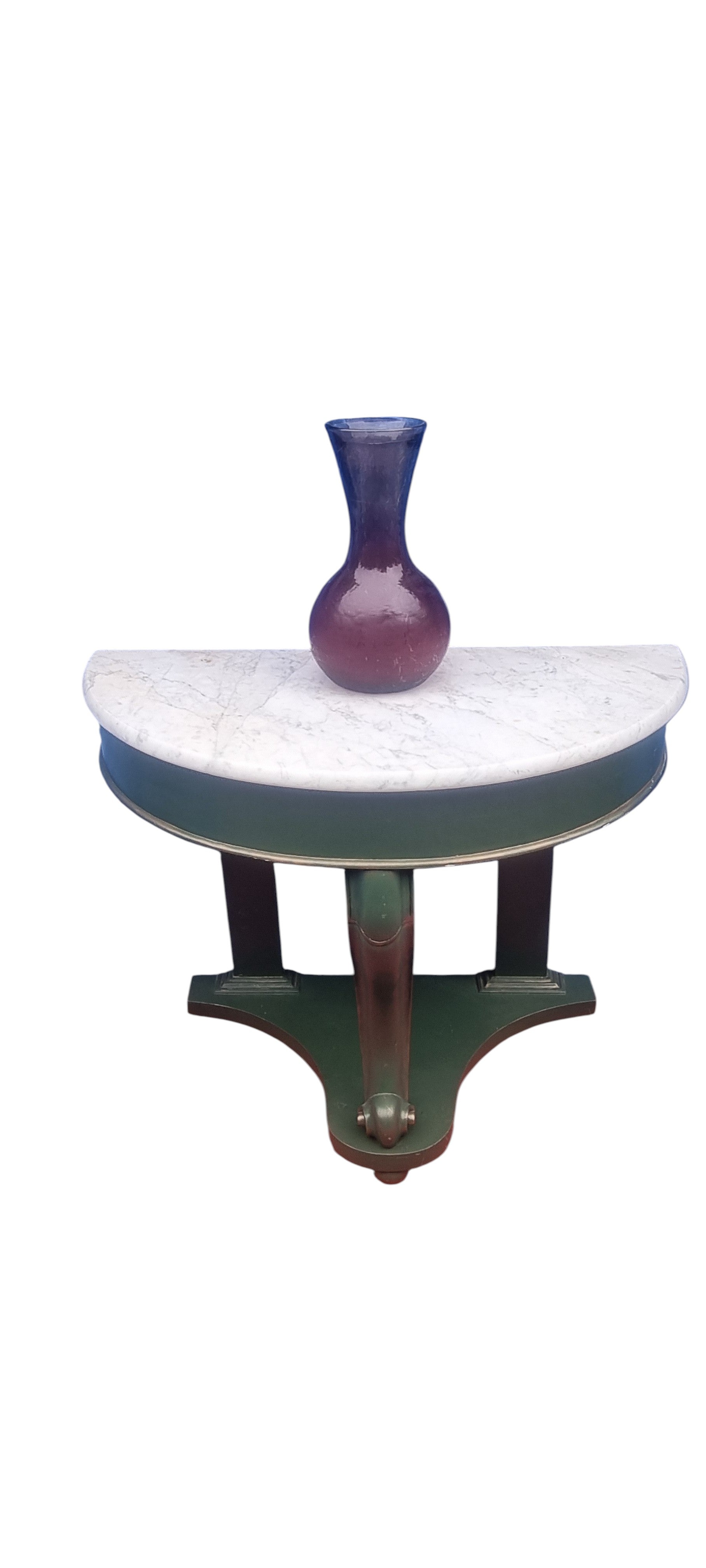 Victorian mahogany demi-lune console table with white and grey veined marble top