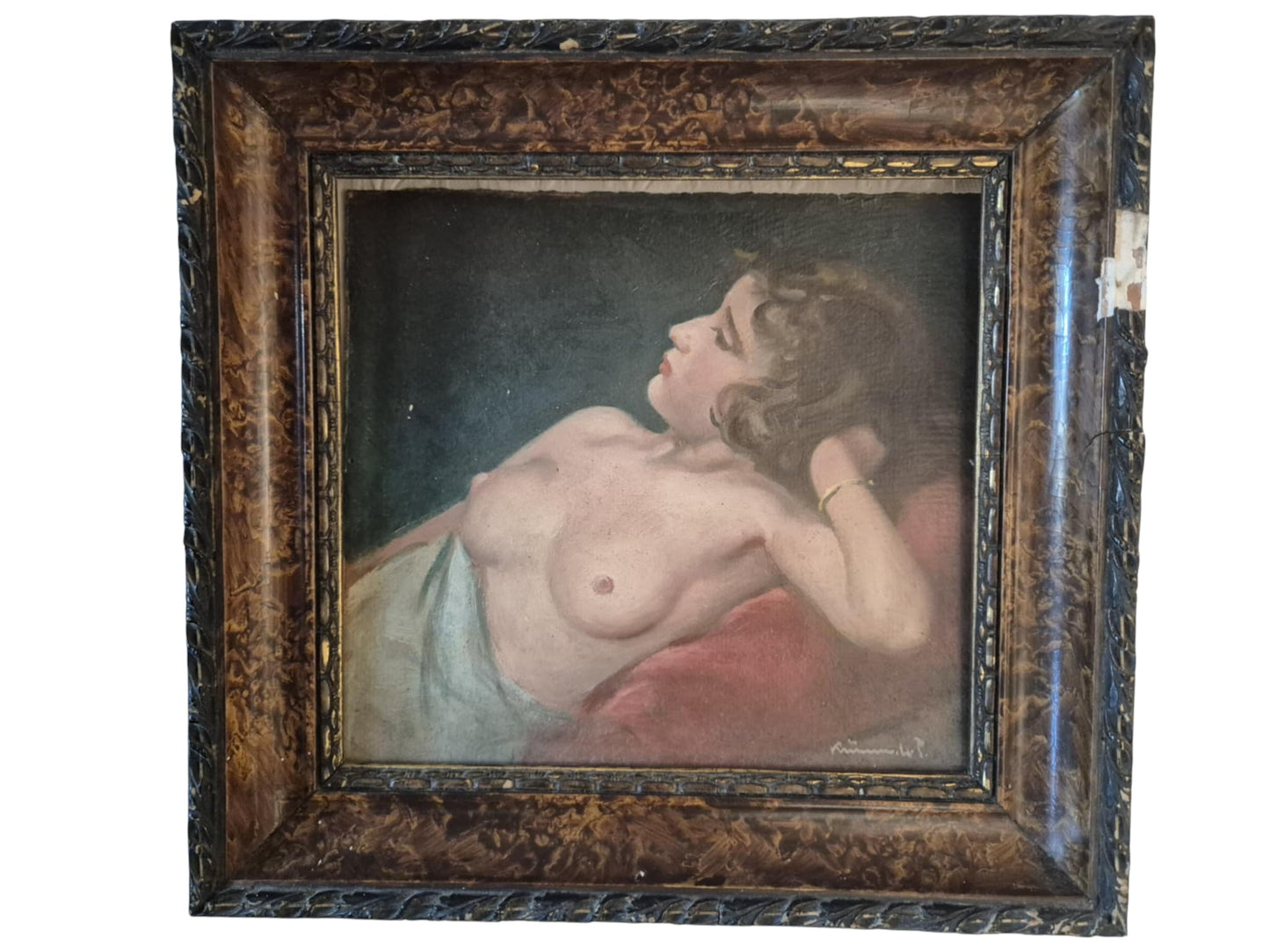 Original watercolor painting of a reclining nude woman signed Krümmer, framed artwork measuring 20.5 × 22 cm.