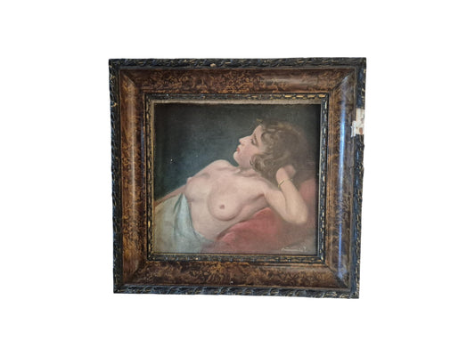 Original watercolor painting of a reclining nude woman signed Krümmer, framed artwork measuring 20.5 × 22 cm.